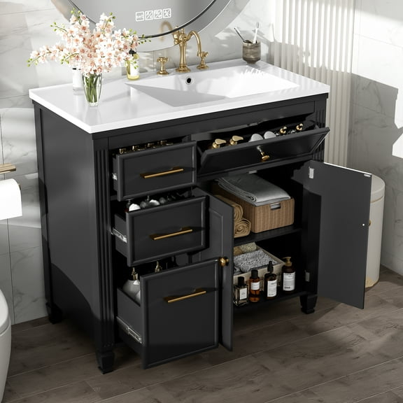 DTTRA 36" Freestanding Bathroom Vanity with Ceramic Sink, 2 Doors and 4 Drawers, Black