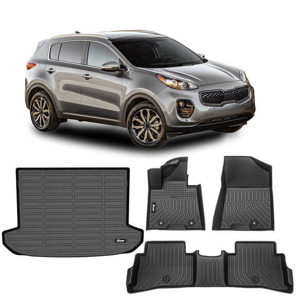 Ikon Motorsports 3D Molded TPE Floor Mats   Trunk Mat Fits 2017-2022 Kia Sportage, Black Waterproof Non-Slip Floor Liners, Front 2nd Row Carpets 4PCS