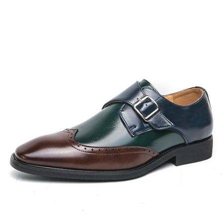 Men s Patchwork Leather Slip-On Brogues Oxford Shoes Fashion Wingtips Two Tone Monk Strap Chunky Heel Business Dress Loafer Round-Toe Lace up Low Top Formal Work Shoes