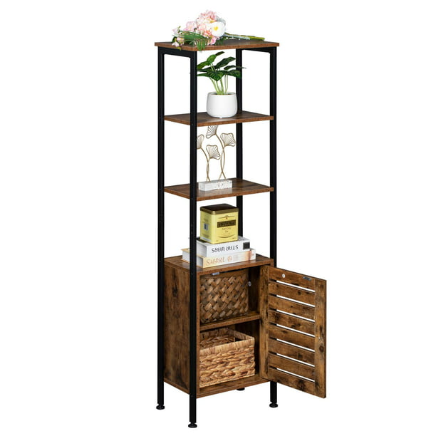 Industrial Narrow Storage Bookcase, Metal And Wood Shelving Unit With Drawers
