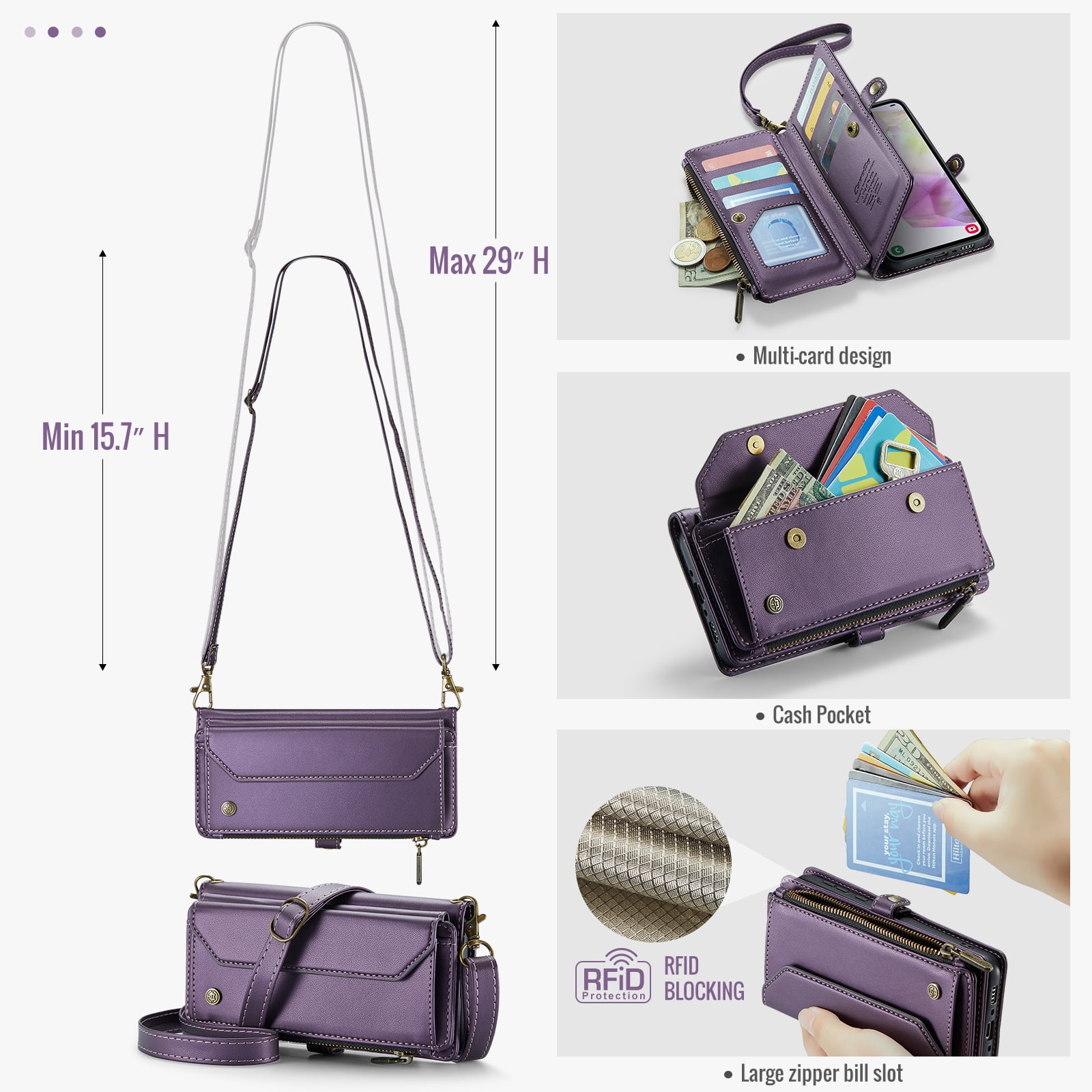 for Samsung Galaxy A14 5G Full Body Protection Wallet Folio Flip Case, Shoulder Strap & Wristlet Card Slots Zipper Pocket RFID Blocking Rugged Durable PU Leather Phone Case Cover, Purple