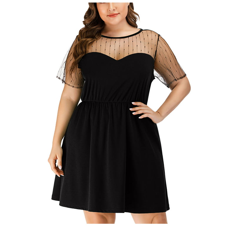 Wedding Guest Dresses Women Plus Size Women Summer Fashion O-Neck Lace Short Sleeve Solid Draw Back Dress Vestidos Casuales para Mujer - Walmart.com