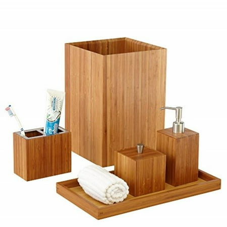 Luxury Bathroom Accessories Sets Seville Classics 5-Piece Bamboo Bath and Vanity Luxury Bathroom Essentials Accessory Set ()