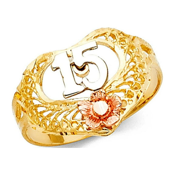 15 Quinceanera Flower Ring 14k Yellow White Rose Gold Filigree Diamond Cut Design Polished 12MM, Size 7