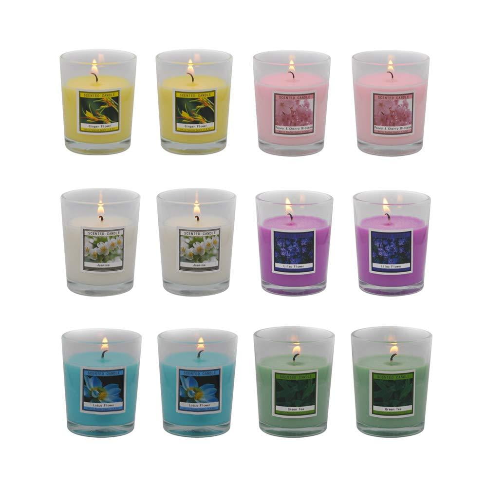 Set of 12 Scented Candles with 6 Fragrances, Natural Soy Wax Votive