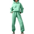 thumbnail image 1 of Conjunto de sudadera con capucha y pantalones de color liso para mujer: traje informal de manga larga gruesa con cuello con cordón, mezcla de poliéster y algodón, 1 of 6
