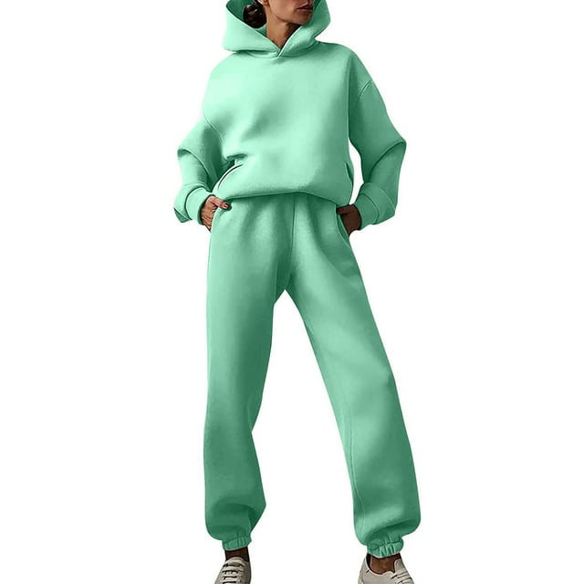 Conjunto de sudadera con capucha y pantalones de color liso para mujer: traje informal de manga larga gruesa con cuello con cordón, mezcla de poliéster y algodón