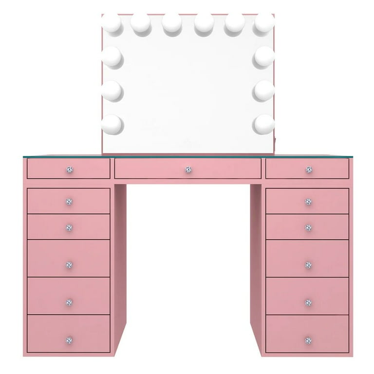 Impressions Vanity SlayStation Plus 2.0 Makeup Vanity Table with 5 Drawer Units Bundle Light Pink