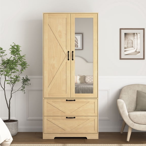 YIYADO Bedroom 2-Door Wooden Wardrobe with Clothes Rail Inside, 2 Drawers for Storage, Built-in Sensor Light Multifunctional Wardrobe with Mirror, Brown
