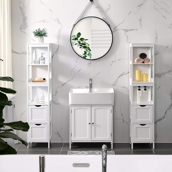 Corner Floor Cabinet with 2 Drawers & Open Shelf, Freestanding Storage Organizer for Living Room Bathroom Hallway, White