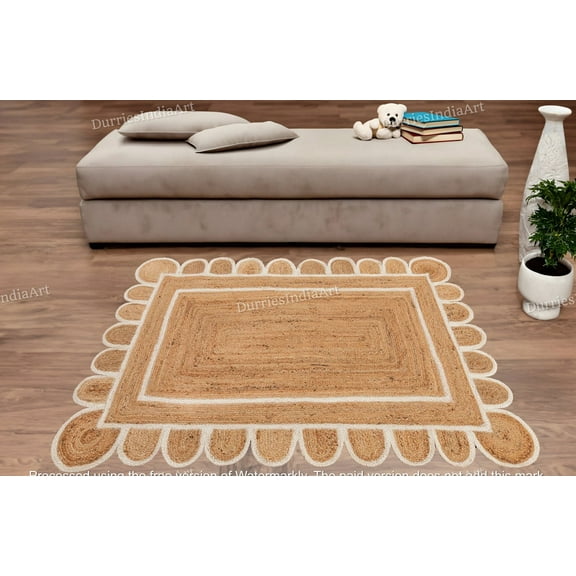 Jute Rug- Scalloped Rug, Jute Scalloped Rug, Bohemian Scallop Rug, Natural Jute Area Rug, Jute Rug Rectangular, Jute Scallop Rug, Custom Rug
