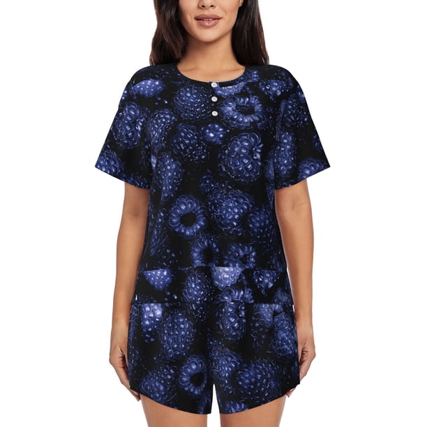 Fotbe Blue-Purple Raspberries Conjunto de Pijama Estampado para Mujer, 2 Piezas, Ropa de Dormir con Camiseta de Manga Corta y Shorts Suaves-Small