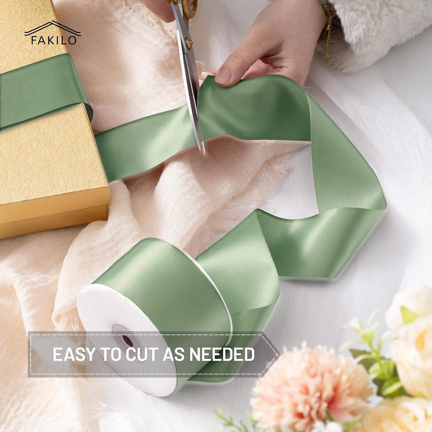 Sage Green Satin Ribbon 2 Inch x 25 Yards Double Faced Thick Sage Green Gift Ribbon for Gift Wrapping Bows Making Crafts Wedding Mother's Day Decor