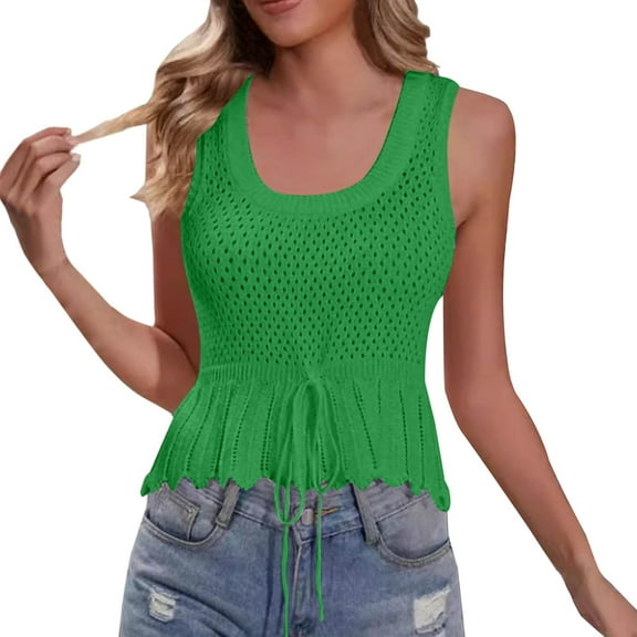 Tiqkatyck Tank Top for Women's New Vacation Slim Fit Short Square Neck Hollowed Out Solid Color Vest Outside Knit Top Sleeveless Crochet Tunic Tops Summer Tops for Women Army Green L