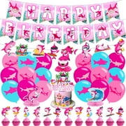 Pink Shark Birthday PriNst Decorations for Baby Girl Shark Party Decorations Supplies Include Balloons Banner Centerpieces Shark Baby Cake Toppers for Girls Birthday Party Supplies