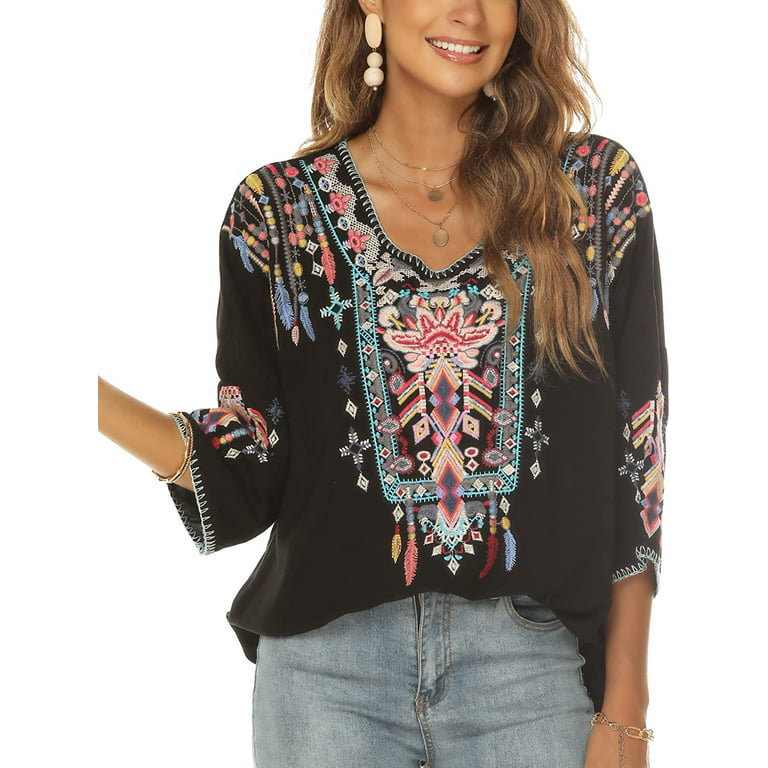 Women Mexican Embroidered Shirt for Women Bohemian Style Top