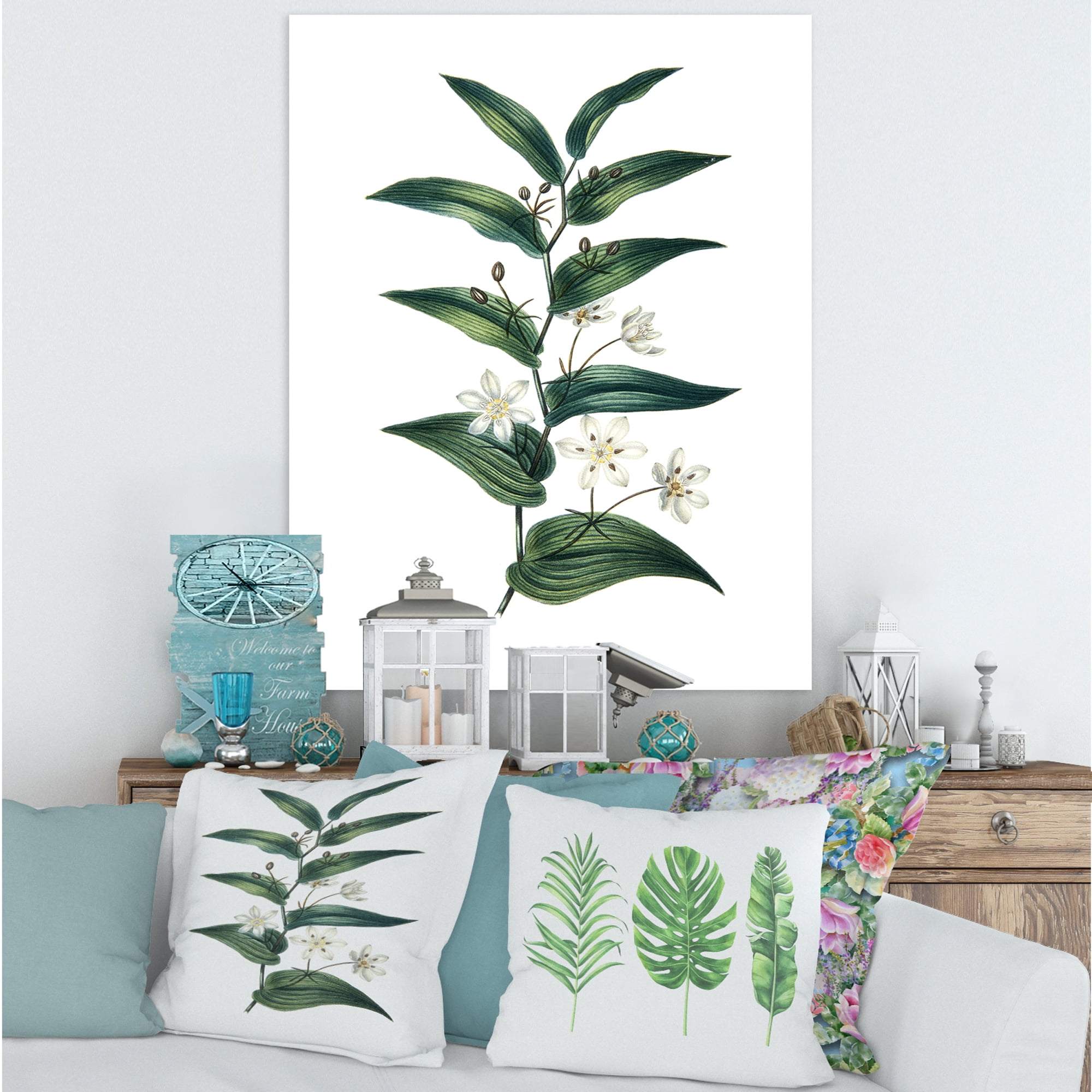 Designart ' Little White Flowers With Ancient Plant ' Farmhouse Canvas Wall Art Print