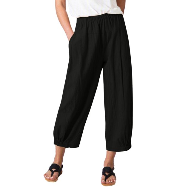 Pantalones de pierna ancha para mujer, elásticos, de cintura alta, holgados, de Color puro, informales, pantalones noveno para mujer con bolsillos para viajes, Fitness, negro M