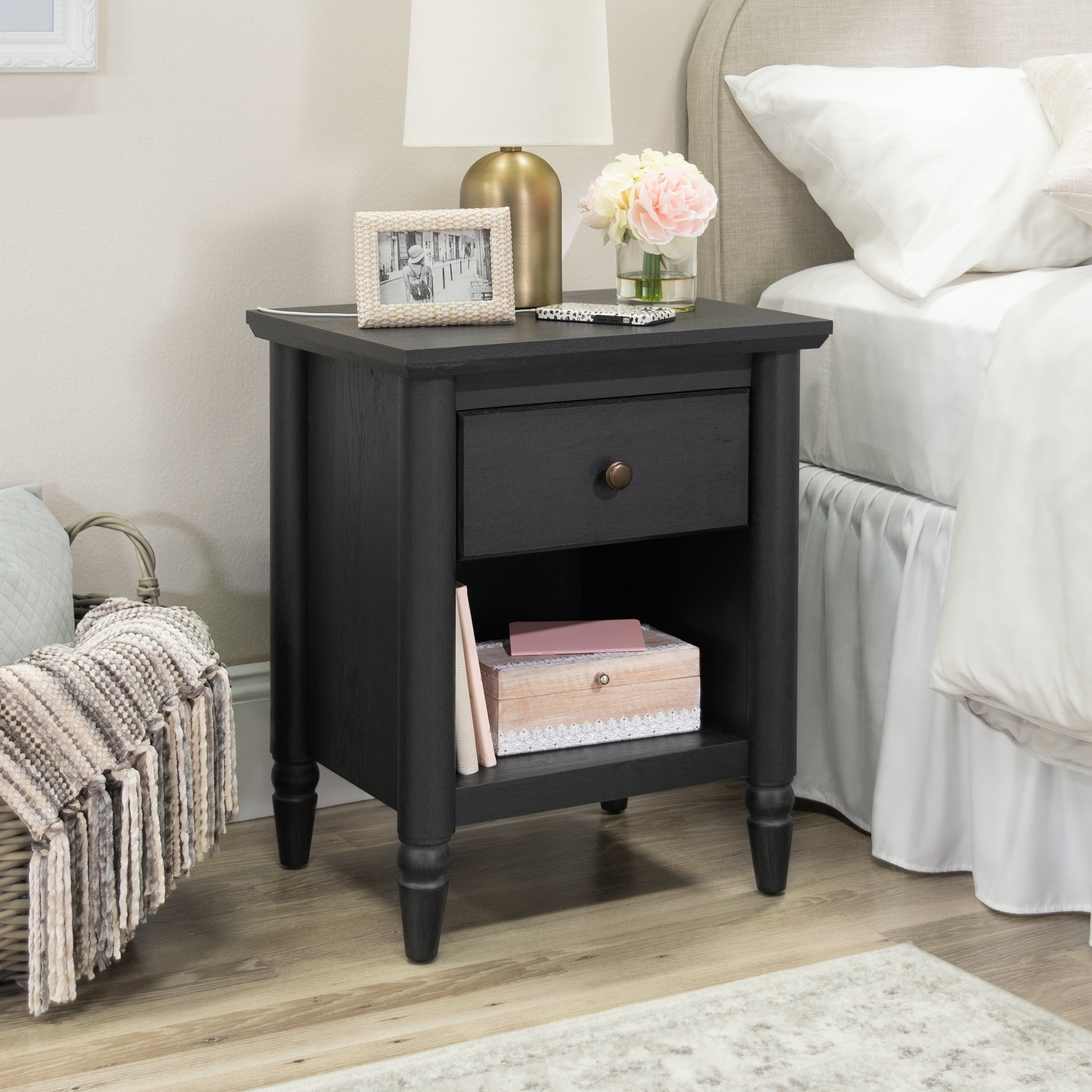 My Texas House Monroe 1 Drawer Nightstand, with USB, Black Oak Finish