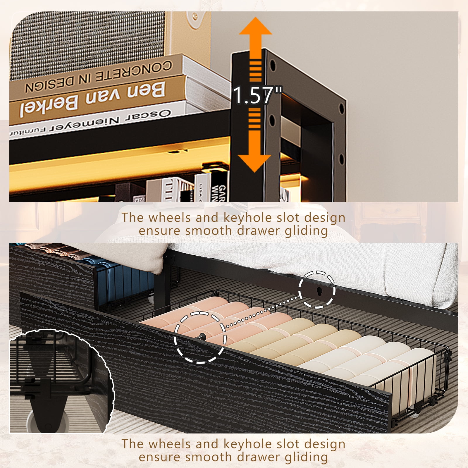 Ktaxon Twin Size Bed Frame with Charging Station & LED Storage Headboard, Metal Platform Bed Frame with 4 Underbed Drawers for bedroom, Gray