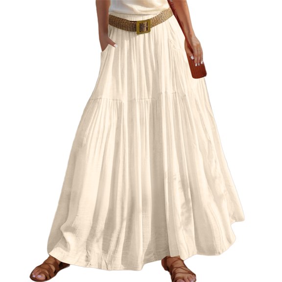 Women's Skirts Boho Elastic Waist A-Line Maxi Skirts Summer Swing Long Skirt with Pockets For Beach Vacation