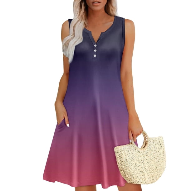 Vestido Corto para las Mujeres de Verano, la Impresión de la Moda de Bolsillo Botón sin Mangas Cuello en V para Casual Y Diario