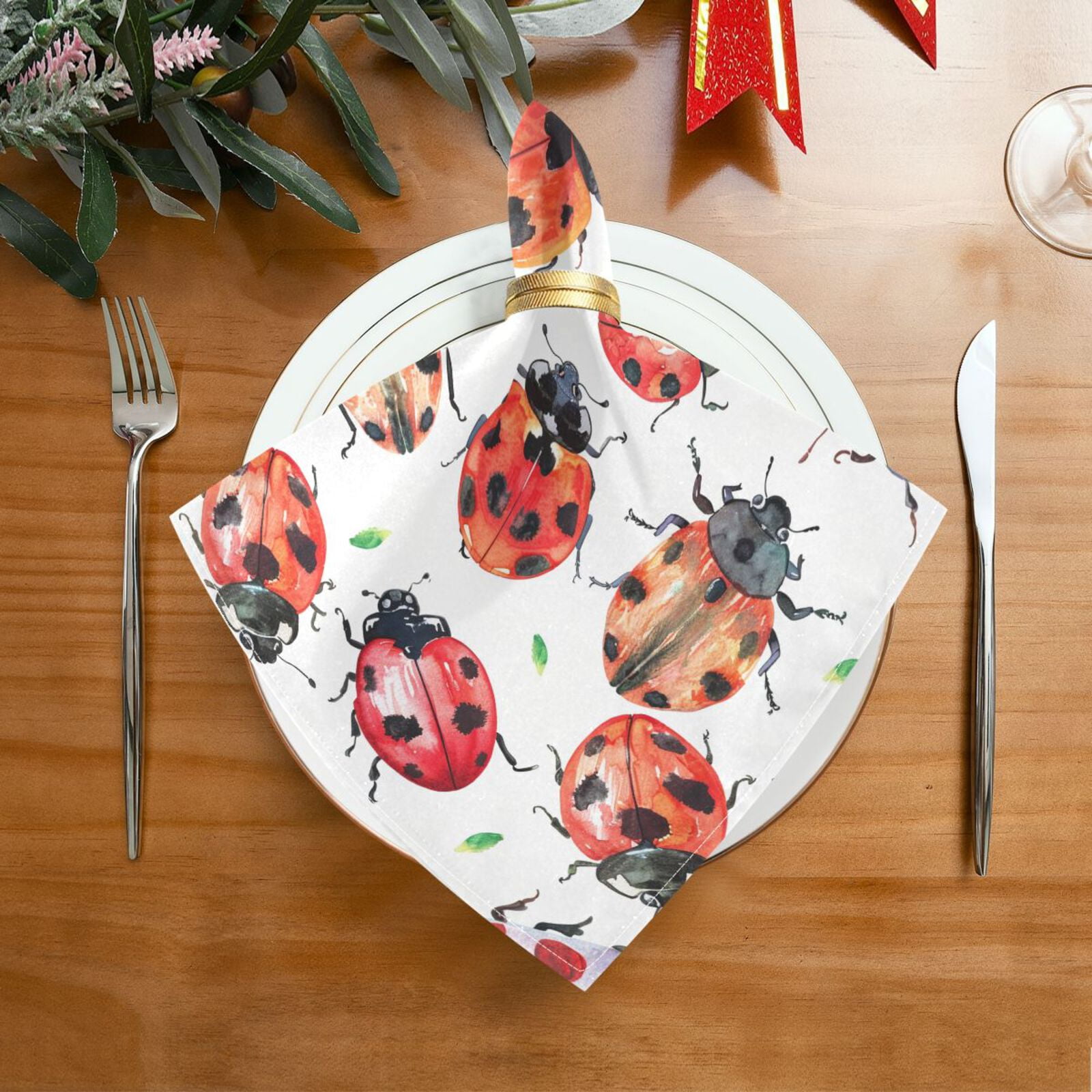 JSTEL Lady Bug Watercolor Cloth Napkins Set of 6, 20x20 Inch Washable and Reusable Napkin for Decoupage Dinner Party Everyday Use