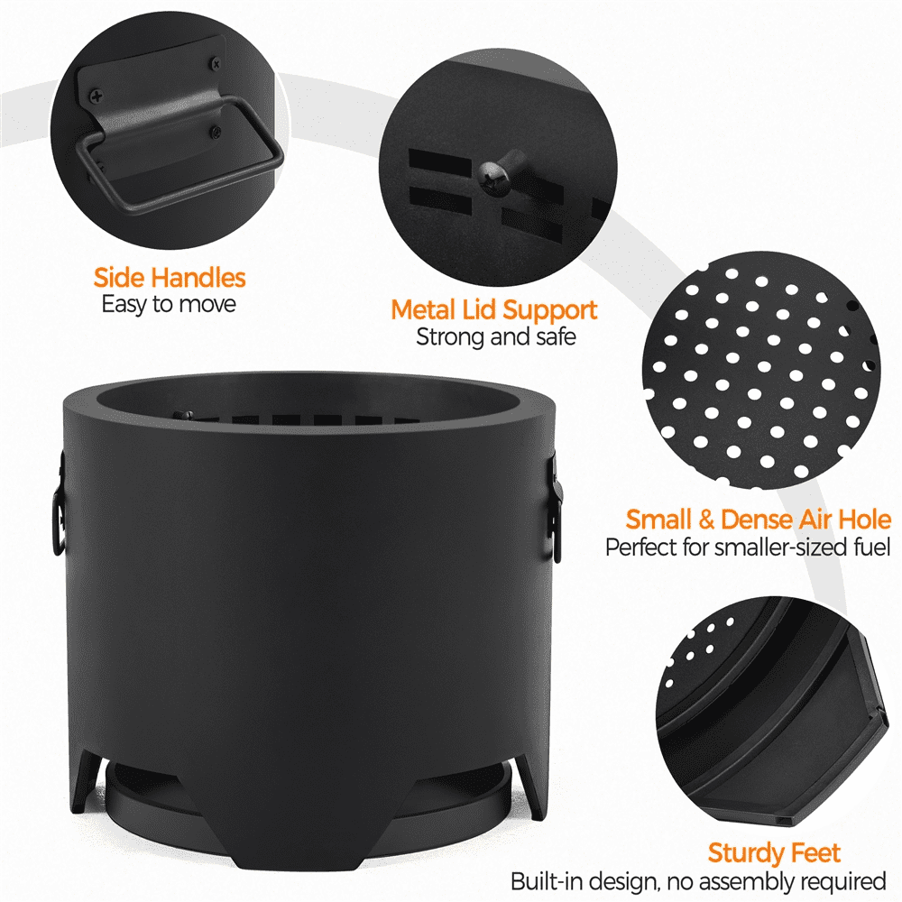 Alden Design 16″ Portable Smokeless Fire Pit with Rain Cover & Lid & Log Grate, Black