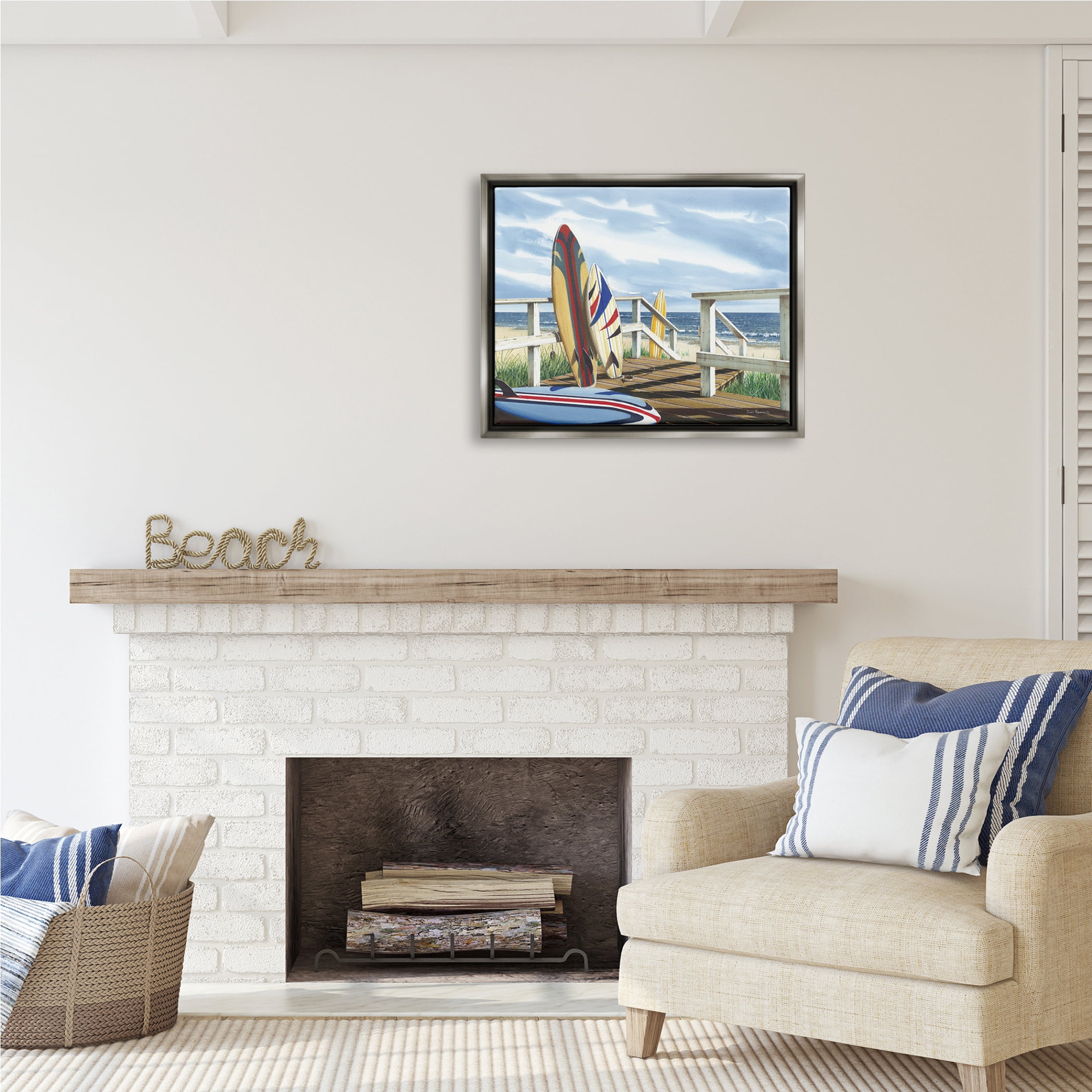 Stupell Industries Surfboards on Beach Deck Nature Painting Gray Floater Framed Art Print Wall Art, 31 x 25