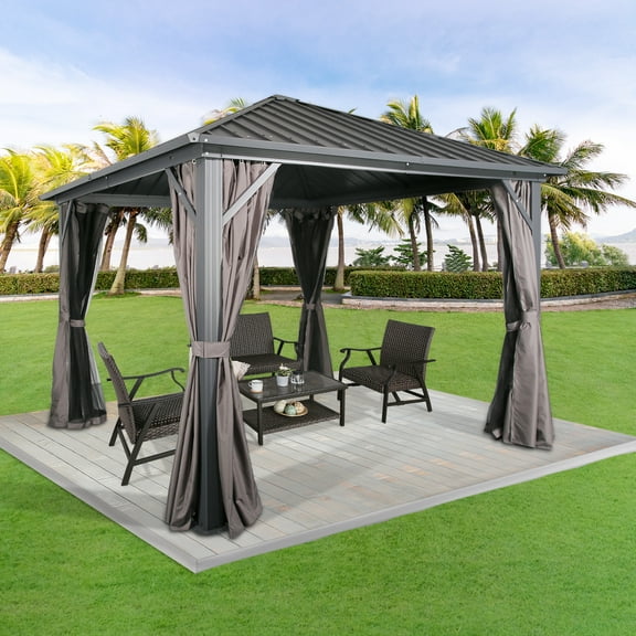 Ulax Furniture 10’ x 10’ Hardtop Gazebo, Waterproof and Fireproof Curtain
