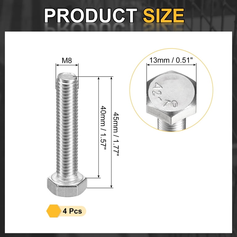 4Pack M8-1.25 x 40mm Left Hand Hex Head Bolt, 304 Stainless Steel
