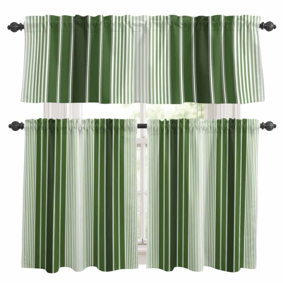 Forest Green Ombre Stripe Kitchen Curtains Sets for Windows 24 Inch Length, Farmhouse Simple Striped Rod Pocket Window Treatments Tier Curtains and Valances Set for Bedroom/Bathroom