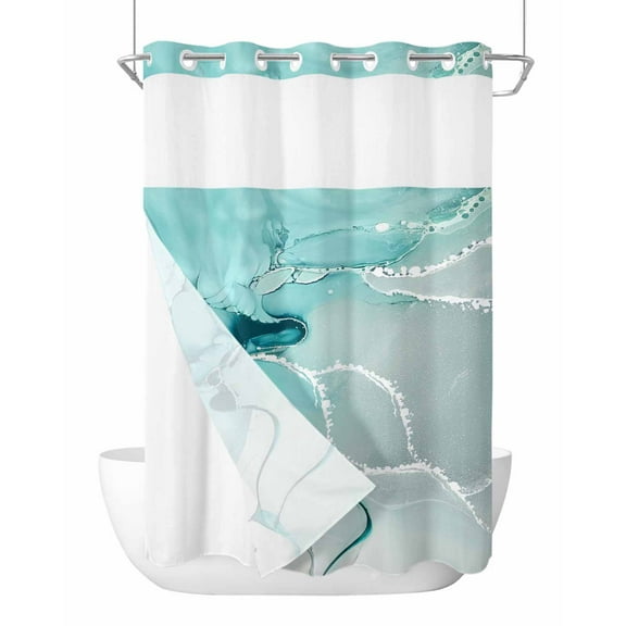 No Hook Cloth Fabric Shower Curtain with Snap in Liner, Aqua Marble Waterproof Shower Curtains Set with See Through Top Window, Modern Abstract Gradient Water Fluid Art Bath Curtains Shower 72"x84"