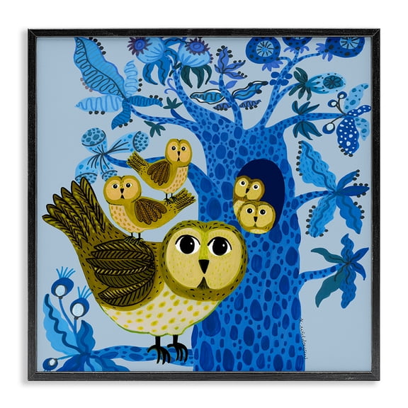 Stupell Industries Playful Owls in Tree Floral Painting Black Framed Art Print Wall Art, 12 x 12