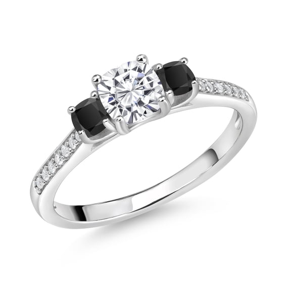 Gem Stone King 925 Sterling Silver Cushion White Moissanite and Black Onyx 3 Stone Engagement Ring for Women (0.96 Cttw, Gemstone Birthstone, Size 5)