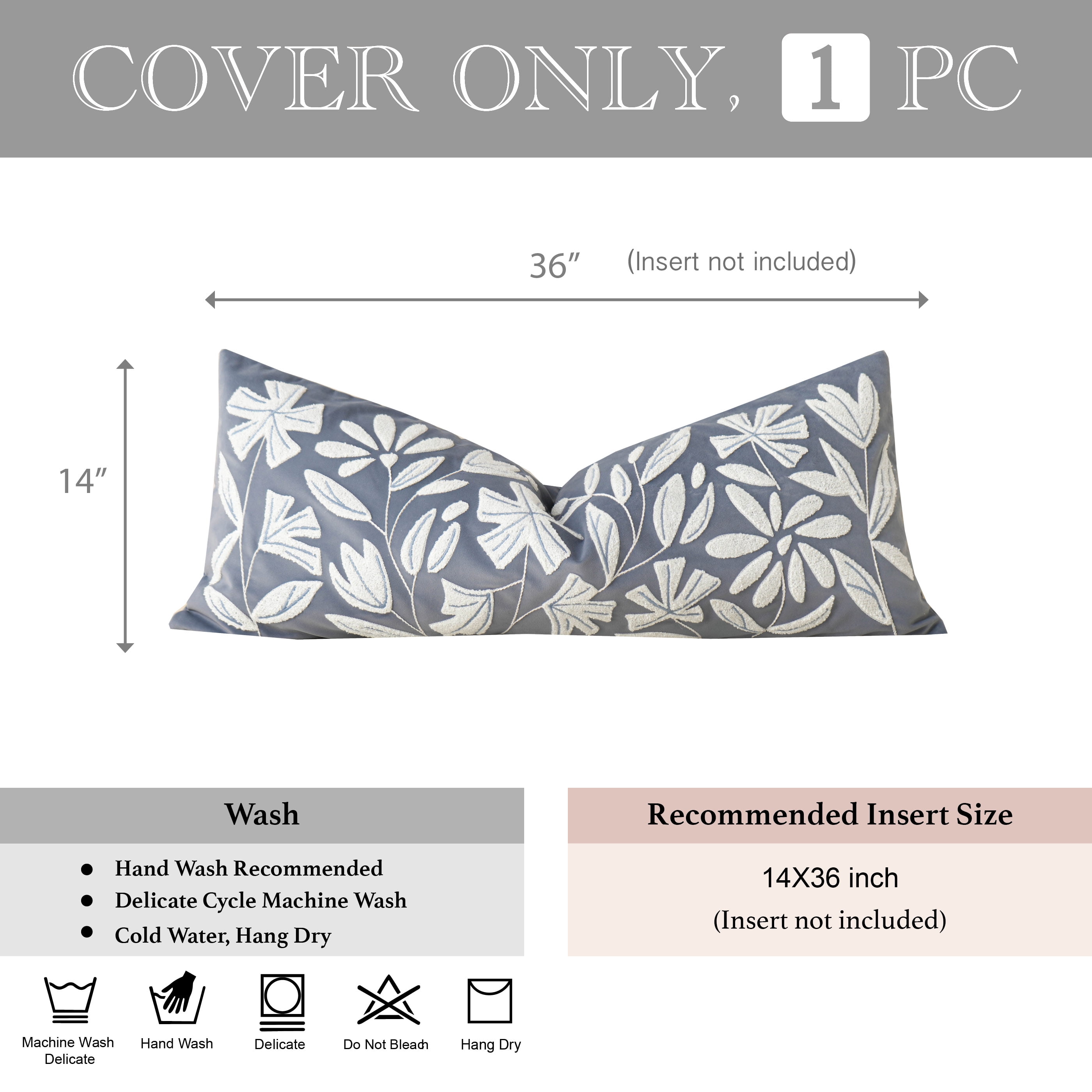 BlissBlush Blue Velvet Decorative Lumbar Pillow Cover 14x36, Soft Long Body Pillow for Bed, Accent Lumbar Throw Pillow for Bedroom, Modern Farmhouse Textured Pillowcase