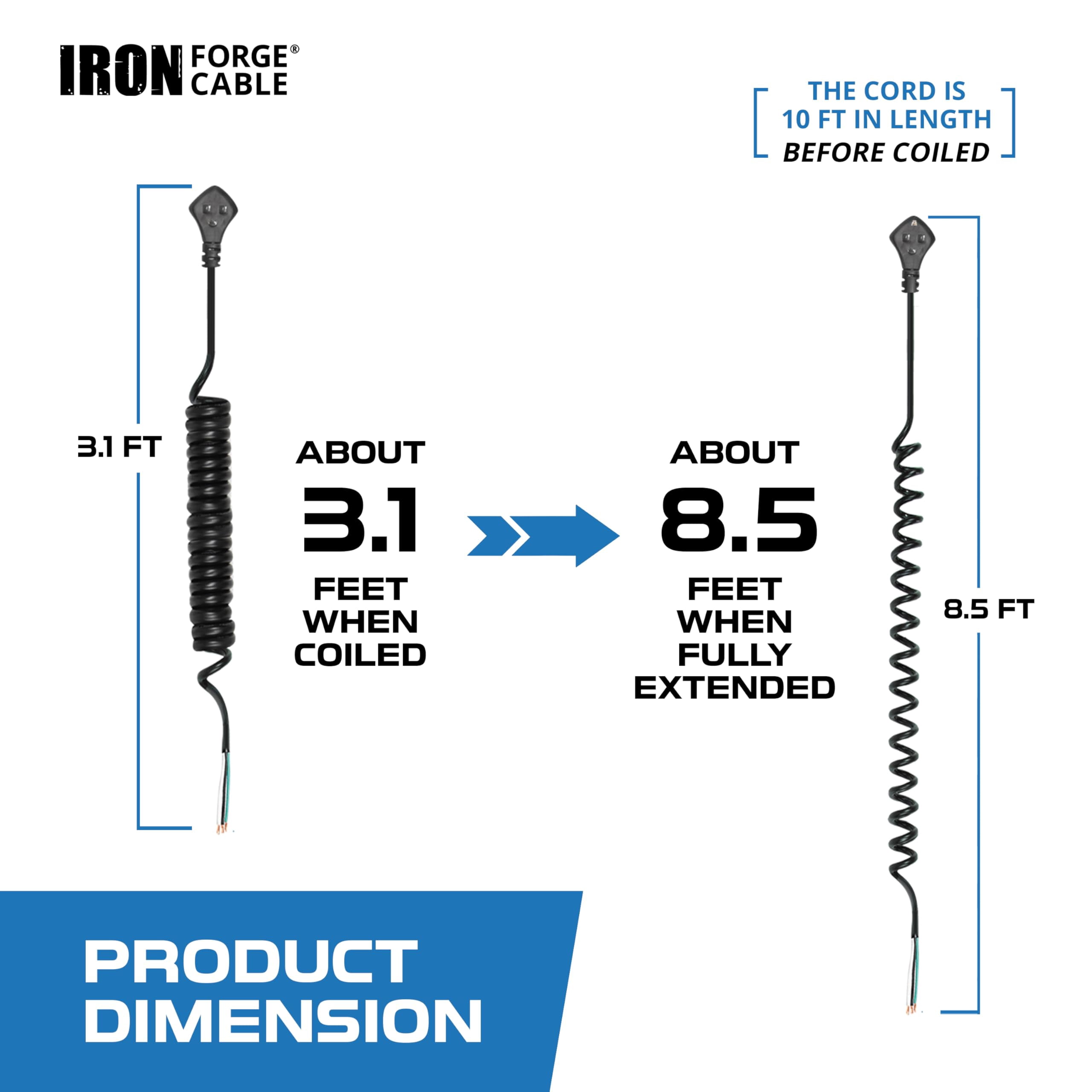 Iron Forge Cable 15 Amp Replacement Coiled Extension Cord 8 ft - SJEOW Oil Resistant & Flat Plug 3 Prong, 14 Gauge Coiled Cord for Outdoor & Indoor