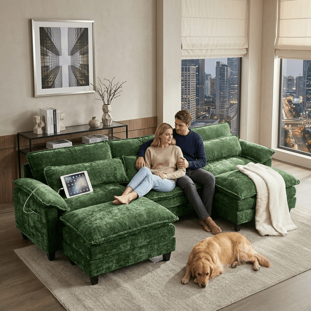 Howcool 113" Modular Sectional Sofa with Movable Ottomans, U Shaped Comfy Cloud Couch, Deep Seat 3-Seat Convertible Sofa, USB Ports & Side Pockets, Chenille Fabric,Green