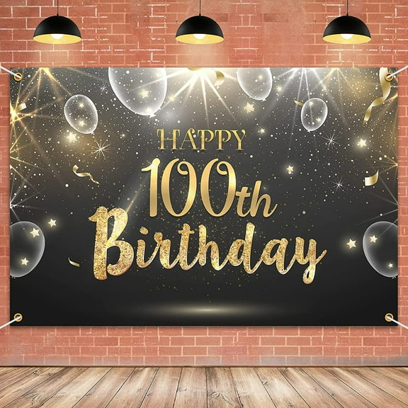 Happy 100th Birthday Giltter Shinning Banner Backdrop - 100 Years Old Birthday Decorations Party Supplies for Women Men - Black Gold
