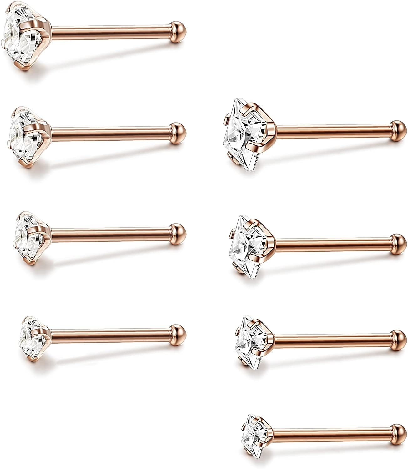 JOERICA 20 Pcs 20G Stainless Steel Nose Studs Rings Pin and L Bend Body Piercing CZ Inlay 