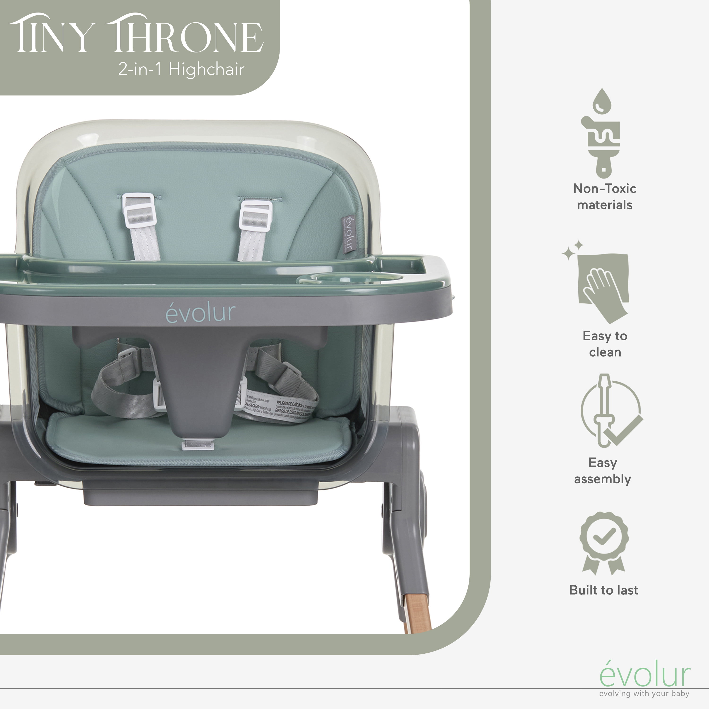 Evolur Tiny Throne 2-in-1 Portable High chair in Matcha Green, Baby High Chair Converts into Booster Seat & Adult Stool, Removable Tray and Easy To Clean