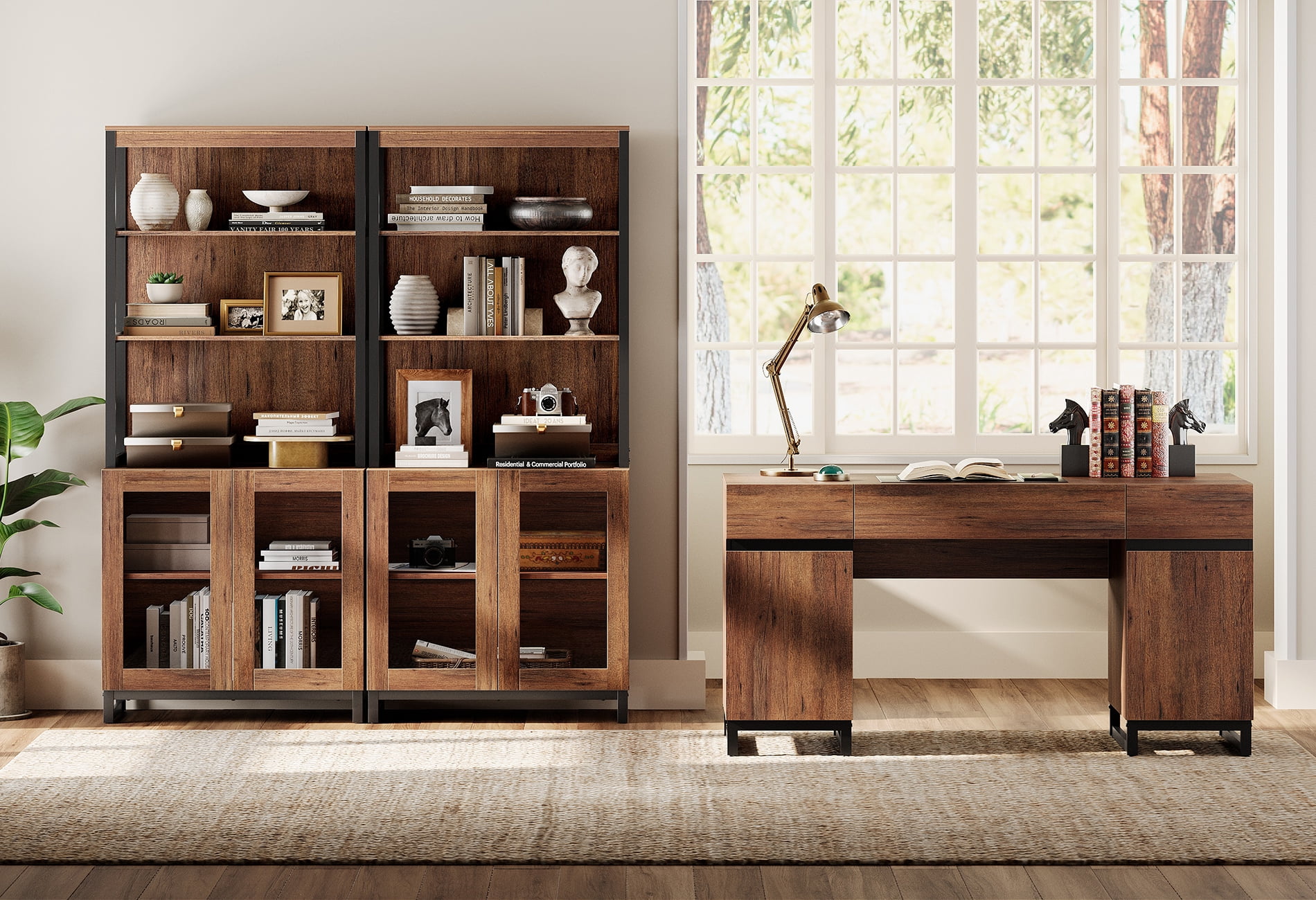 WAMPAT Home Office Furniture Set: 59" Executive Desk with Charging Station and Storage Cabinet, Two 72" Tall Bookcase, Modern Computer Desk and Library Shelf for Work Study, Brown