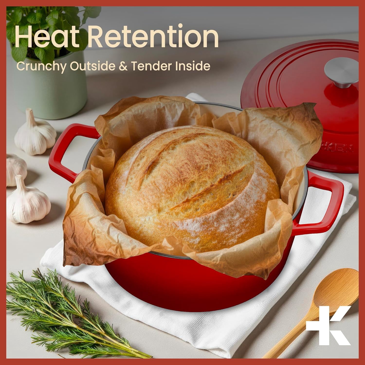 Bakken 6QT Red Enameled Cast Iron Dutch Oven with Moisture-Locking Lid - Oven Safe to 500°F