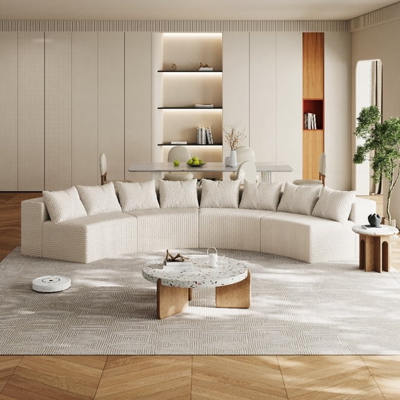 Modern Curved Corduroy Sectional Sofa 220×80×75cm with 8 Pillows