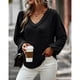 thumbnail image 1 of Blusa de manga larga con cuello en V para mujer, color negro, corte holgado, bolsillo en el pecho, perfecta para el trabajo o las vacaciones, talla S, 1 of 8