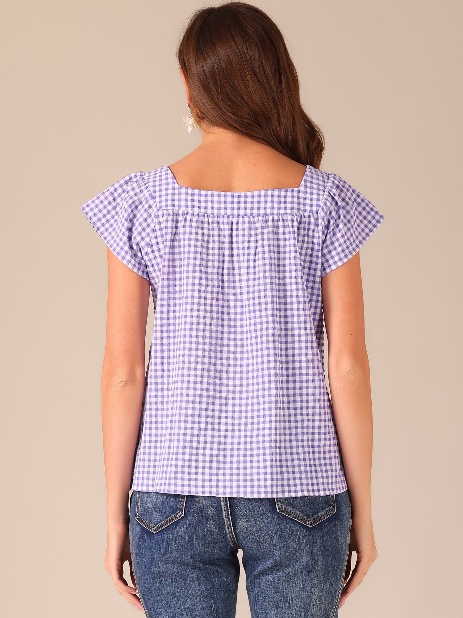 DARING DIVA Women's Cute Cap Sleeve Square Neck Plaid Blouses L Purple