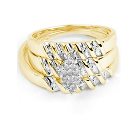 Gold Wedding Band Set - 14kt Yellow Gold His & Hers Round Diamond Cluster Matching Bridal Wedding Ring Band Set 1/10 Cttw