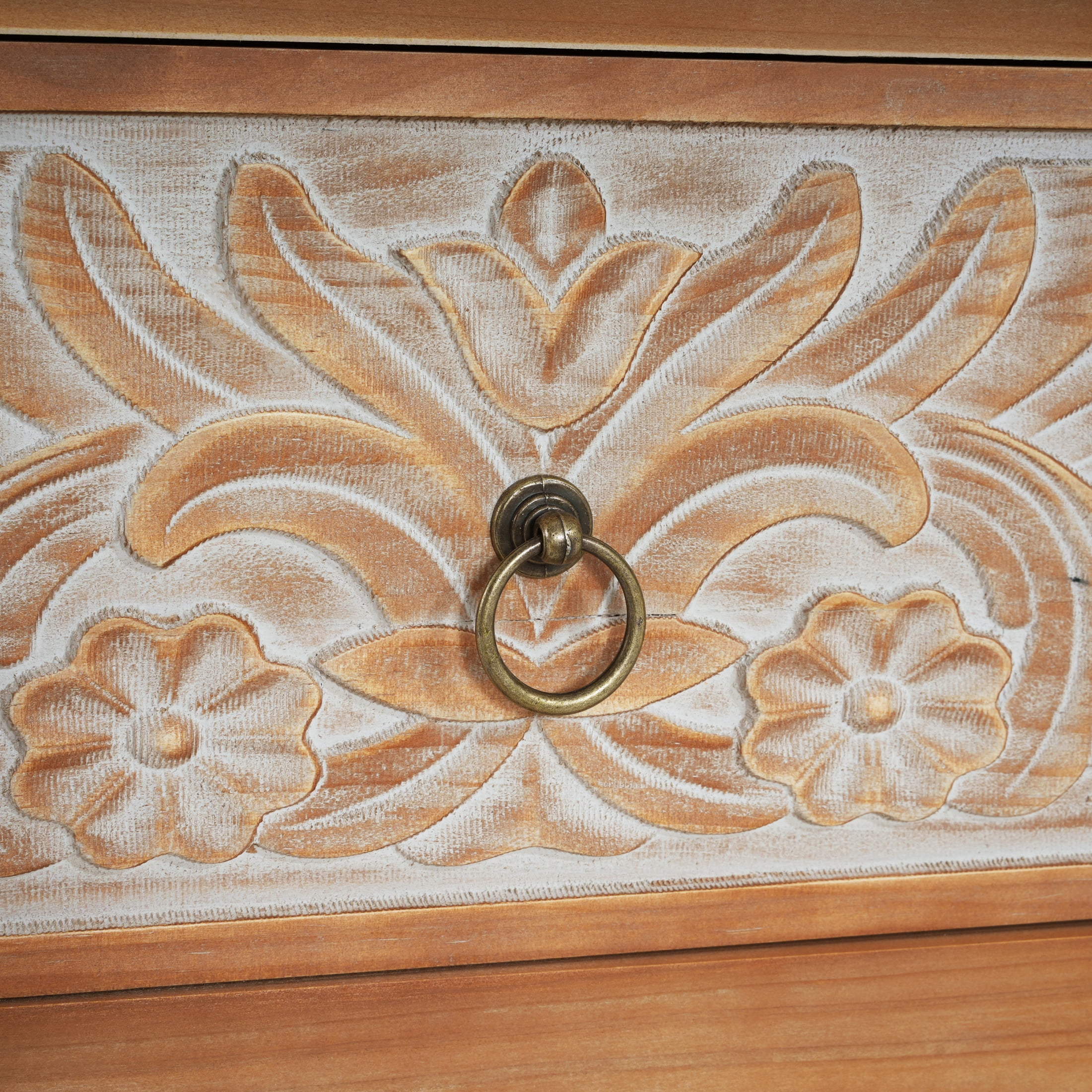 Christopher Knight Home Boho 3-Drawer Dresser with Carved Floral Front, Vintage Style, Natural & White