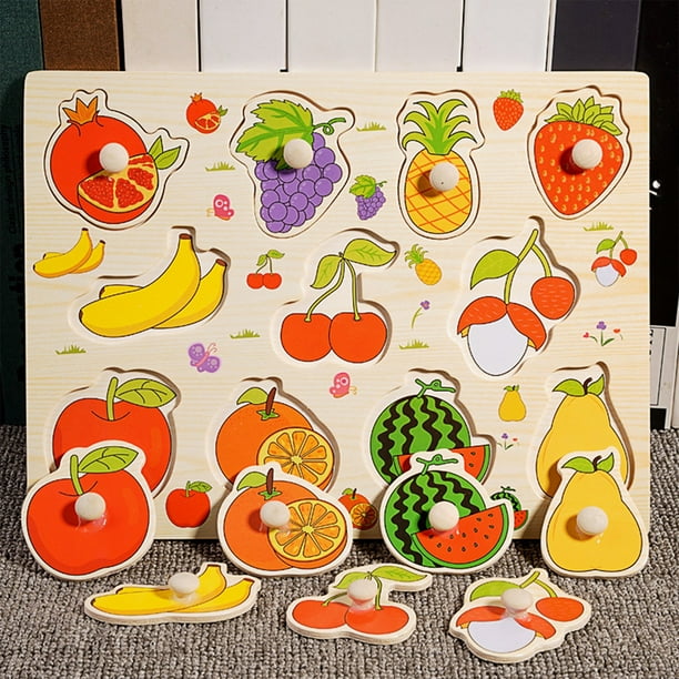 Juguetes de piscina, juguetes para bebés y niños pequeños: tablero de rompecabezas de madera con piezas fáciles de agarrar, juego de emparejar formas de frutas y juguete educativo.