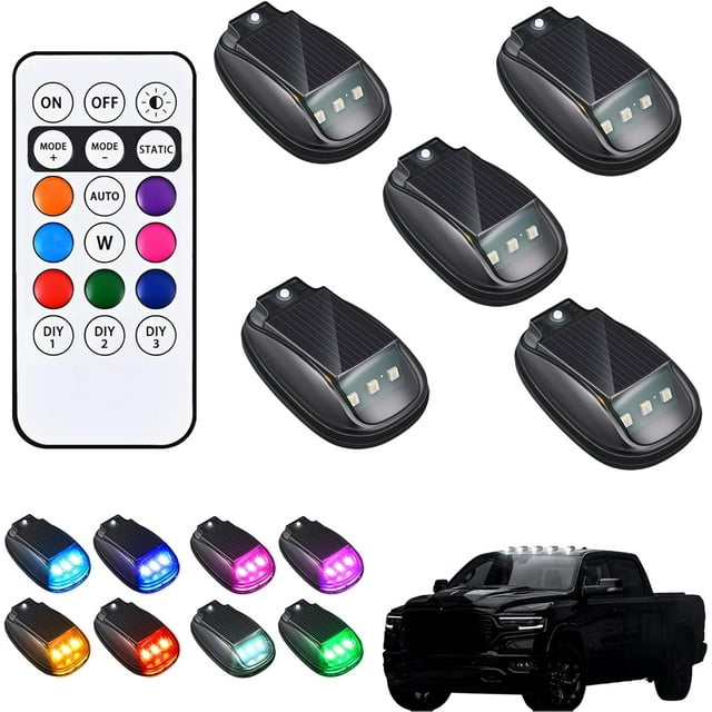 2/4/5PCS Solar Cab Lights, 2026 New Solar Car Roof RGB Strobe Light, No Drill Solar Powered Cab Lights, with Remote Control, Vibration, for Truck SUV Rvs (5PCS)